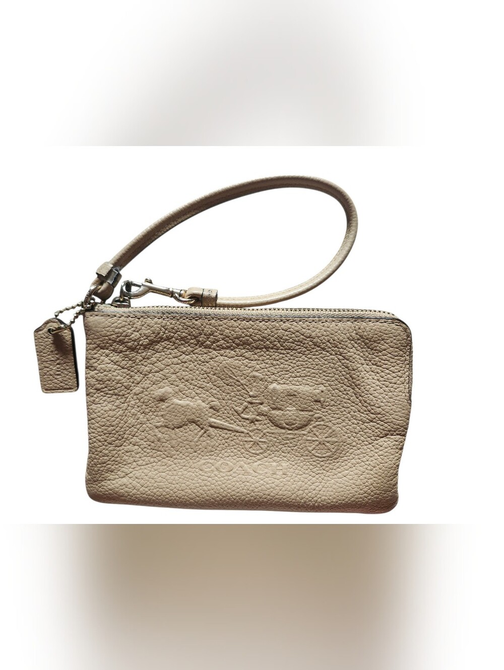 Coach Jes Corner Zip Pebbled Leather Wristlet in Taupe GUC
